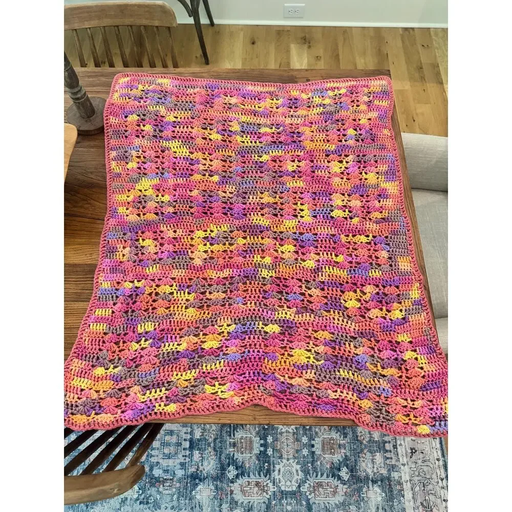 Vintage Handmade Pink Crochet Afghan Throw Blanket